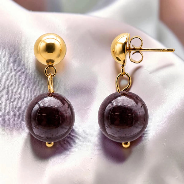 Boucles d'oreilles grenat rouge boule 12 mm en pierre naturelle sur puce dorée