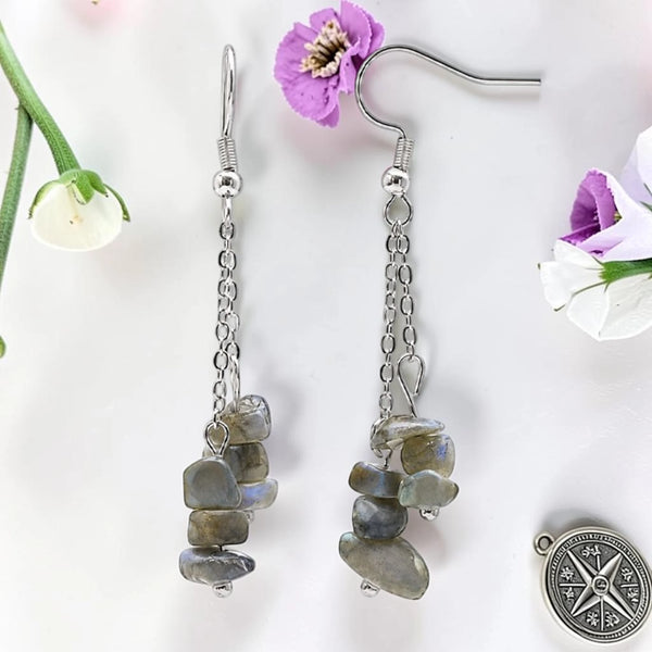 Boucles d'oreilles labradorite en pierre naturelle, chips baroques sur chaîne acier argenté
