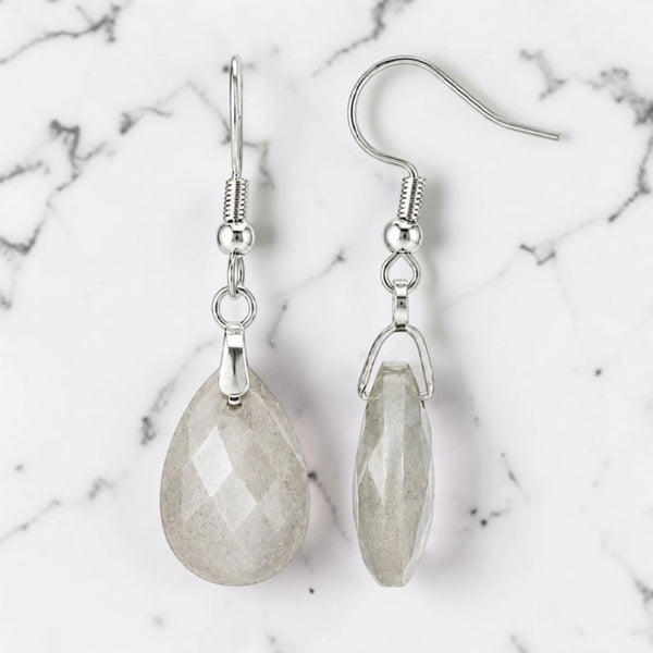 Boucles d'oreilles labradorite goutte facettée 18 mm en pierre naturelle sur crochet argenté