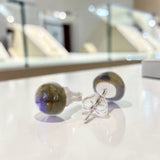 Boucles d'Oreilles Labradorite Ronde en Argent Rhodié (Rigel)