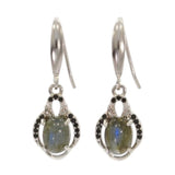 Boucles d'Oreilles Labradorite Ovale, Zircons et Argent 925 Rhodié (Algieba)