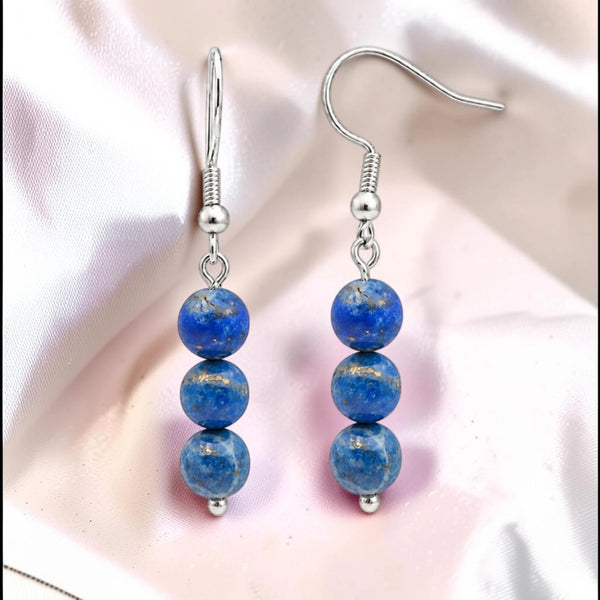 Boucles d'oreilles lapis-lazuli en pierre naturelle, trois boules de 6 mm sur crochet acier argenté