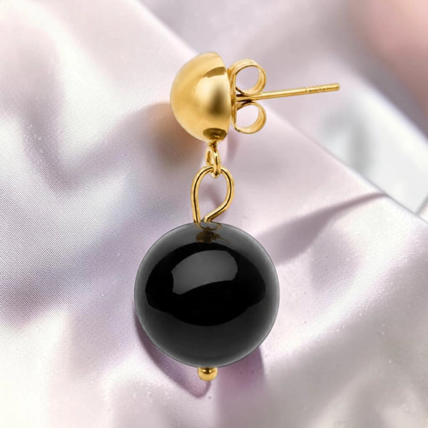 Boucle d'oreille femme en acier inoxydable doré avec pierre obsidienne noire naturelle