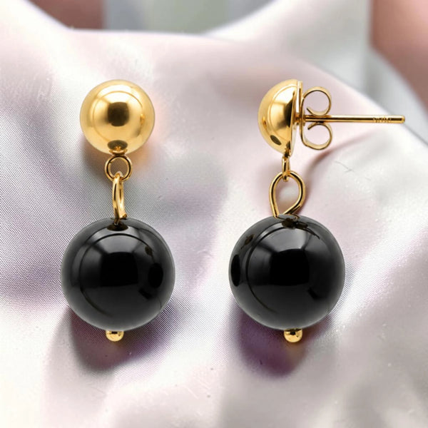 Boucles d'oreilles obsidienne noire boule 12 mm en pierre naturelle sur puce dorée