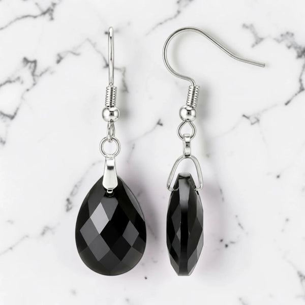 Boucles d'oreilles obsidienne noire goutte facettée 18 mm en pierre naturelle sur crochet argenté
