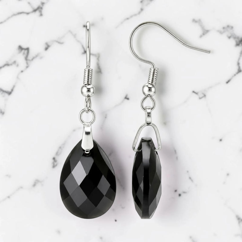 Boucles d'Oreilles Obsidienne Noire LARIA® – goutte facettée 18 mm, crochet argenté