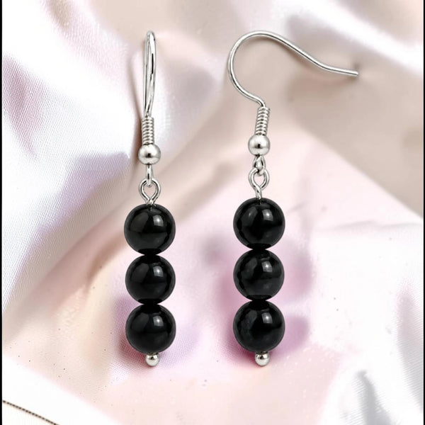 Boucles d'oreilles obsidienne noire en pierre naturelle, trois boules de 6 mm sur crochet acier argenté