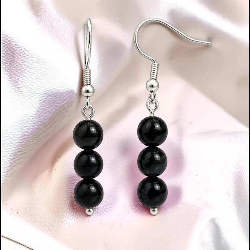 Boucles d'Oreilles Obsidienne noire SPHERA® – 3 boules 6 mm, acier argenté