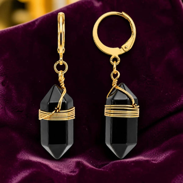 Boucles d'oreilles obsidienne noire en pierre naturelle, pointe de 20 mm sur créole dorée