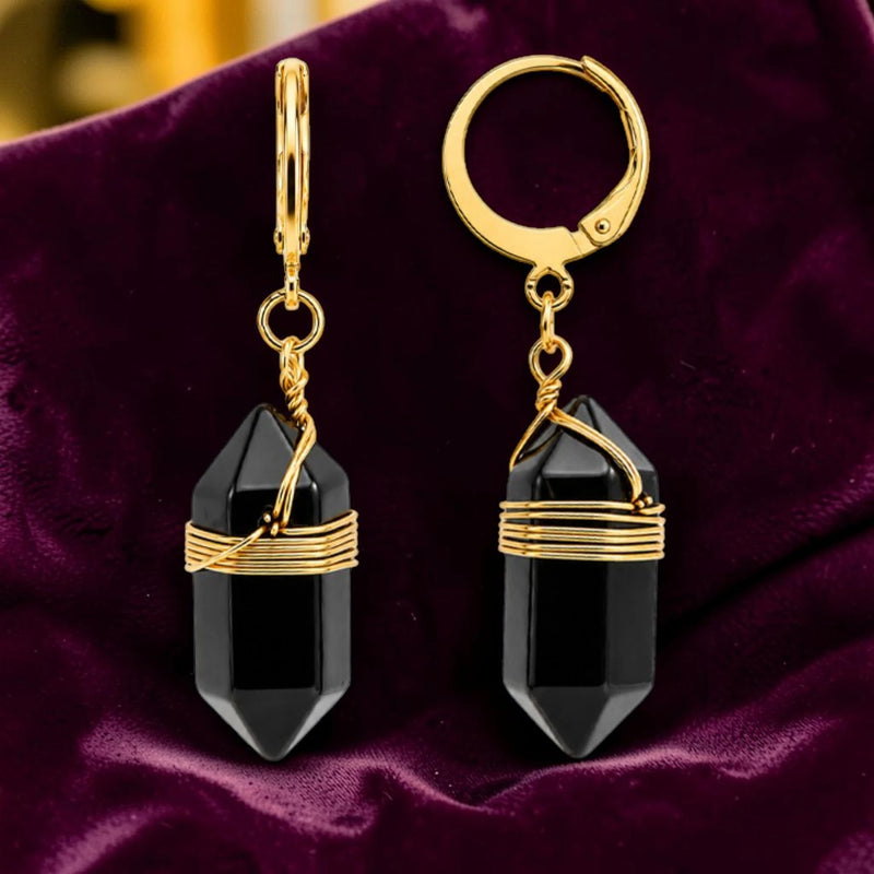 Boucles d'Oreilles Obsidienne noire OBELIA® – pointe 20 mm, créole dorée