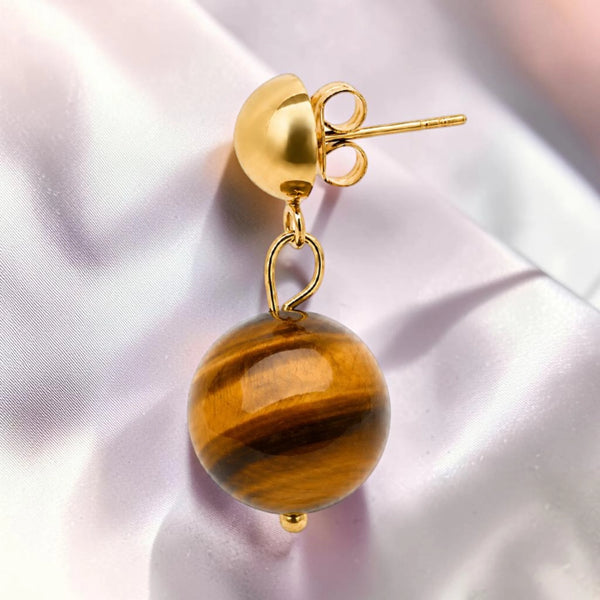 Boucle d'oreille femme en acier inoxydable doré avec pierre œil de tigre naturel