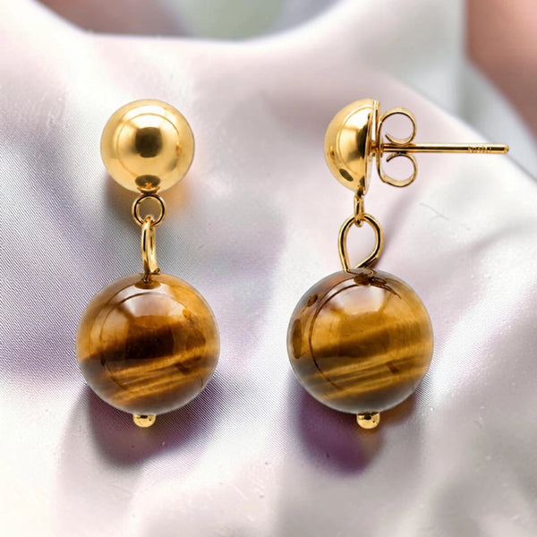 Boucles d'oreilles œil de tigre boule 12 mm en pierre naturelle sur puce dorée