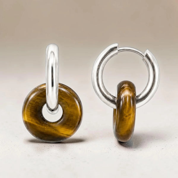 Boucles d'oreilles œil de tigre donut 15 mm en pierre naturelle sur créole argentée