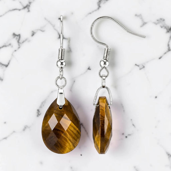 Boucles d'oreilles œil de tigre goutte facettée 18 mm en pierre naturelle sur crochet argenté