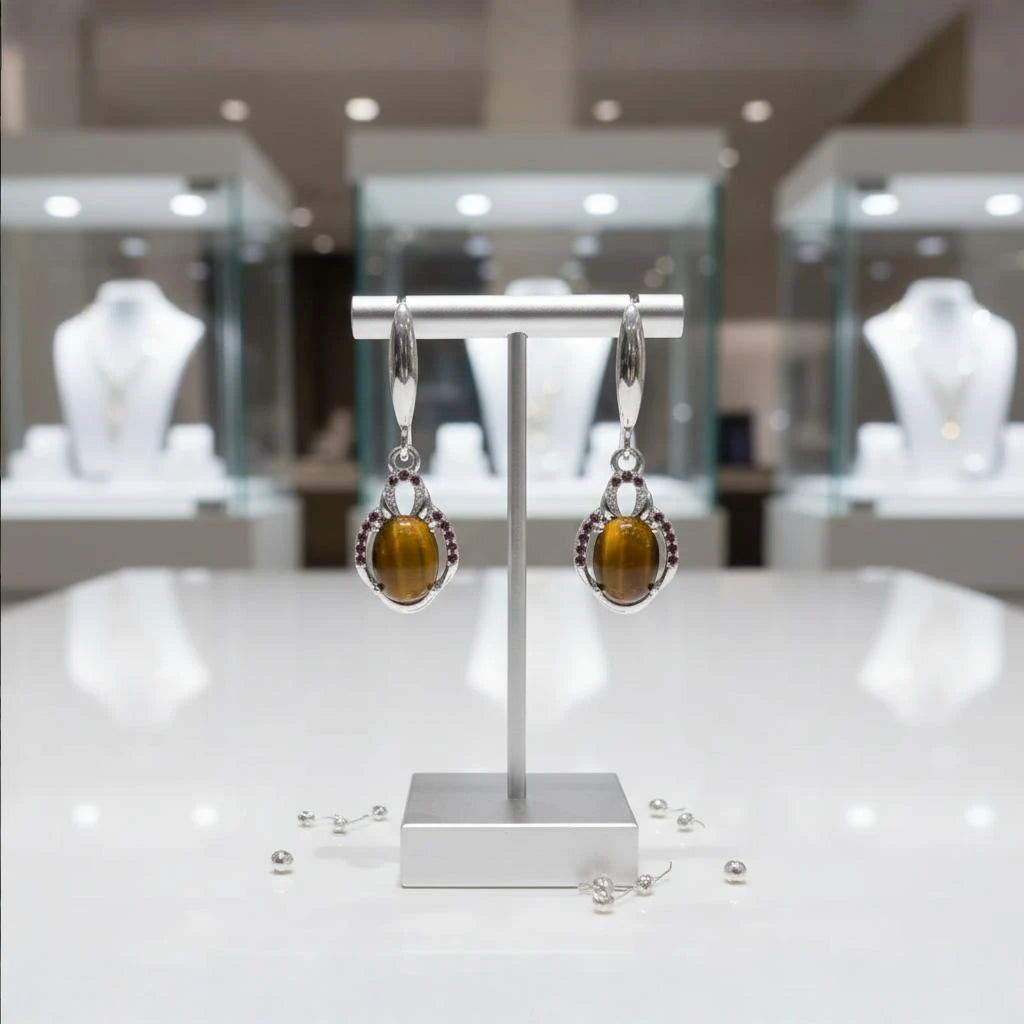 Boucles d'oreilles Saïph en œil de tigre et argent 925 rhodié, présentées sur un support