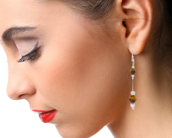 Boucles d'oreilles oeil de tigre perles pendantes 6cm argent rhodié (Alnilam)