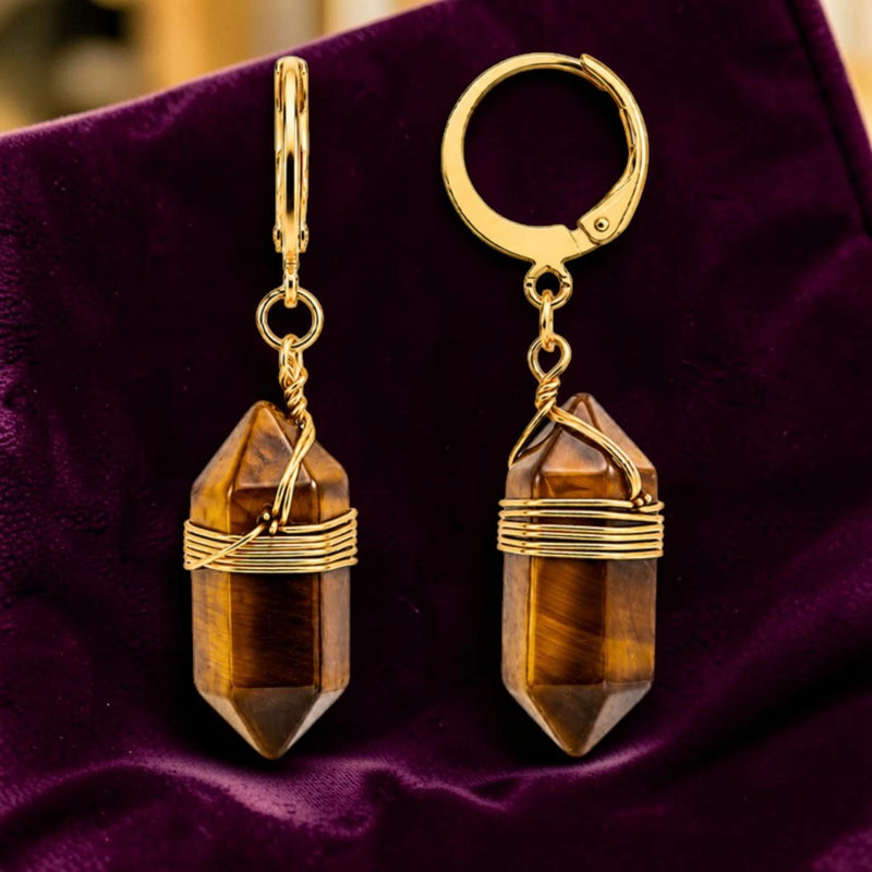 Boucles d'Oreilles Œil de Tigre OBELIA® – pointe 20 mm, créole dorée