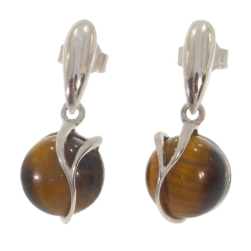 Paire de boucles d'oreilles œil de tigre Pollux sur fond blanc, argent 925 rhodié