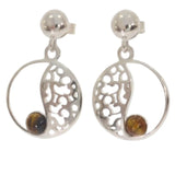 Boucles d'Oreilles Œil de Tigre Femme, Médaillon Ajouré Argent 925 (Dubhe)