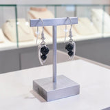 Boucles d'Oreilles Pierre Noire, Onyx Noir sur Feuille d'Argent 925 (Alhena)