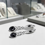 Boucles d'Oreilles Onyx Noir Ovale Pendantes en Argent Rhodié (Kaus)