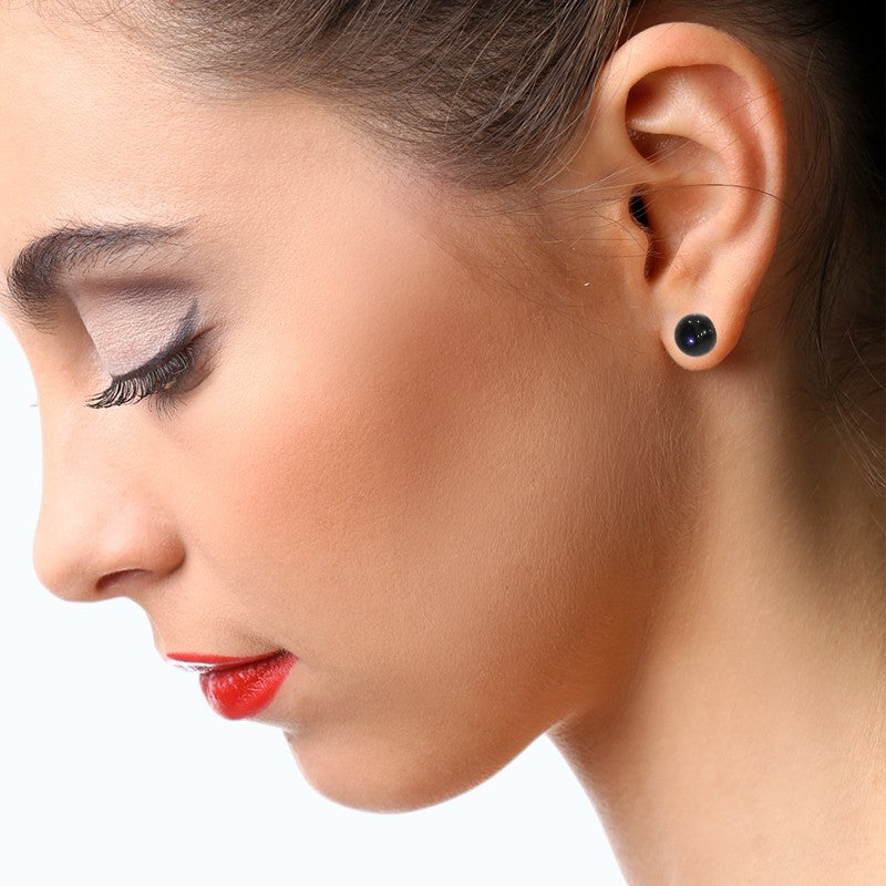 Boucles d'oreilles onyx noir ronde 8mm en argent rhodié (Sirius)