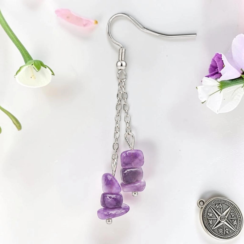 Boucle d'oreille pendante femme en pierre naturelle améthyste violette du Brésil, chips baroques