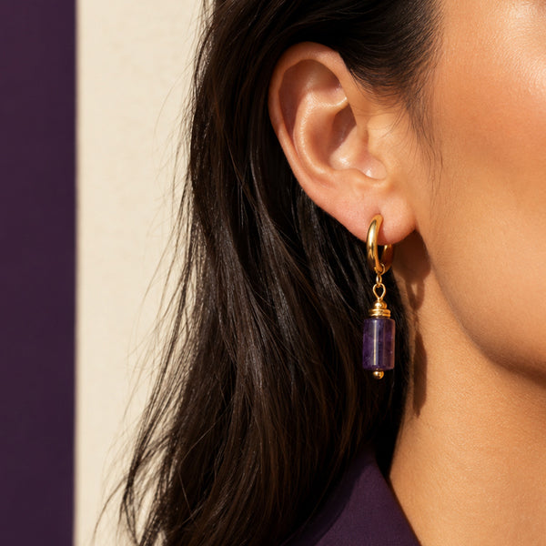 Boucles d'oreilles pendantes femme, créole dorée acier inoxydable et pierre améthyste