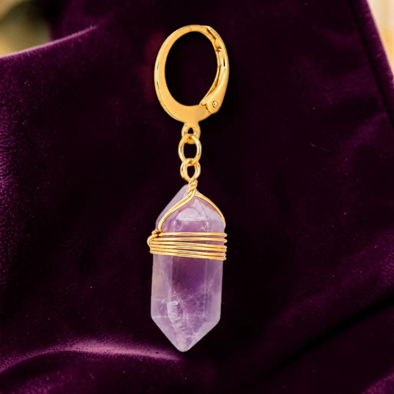 Boucle d'oreille pendante femme en pierre naturelle améthyste violette du Brésil, créole dorée