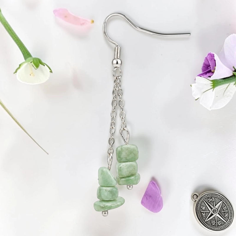 Boucle d'oreille pendante femme en pierre naturelle aventurine verte du Brésil, chips baroques