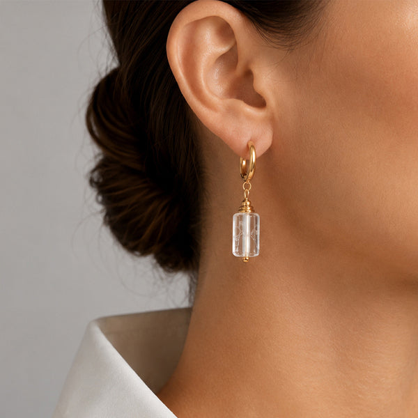 Boucles d'oreilles pendantes femme, créole dorée acier inoxydable et pierre cristal de roche