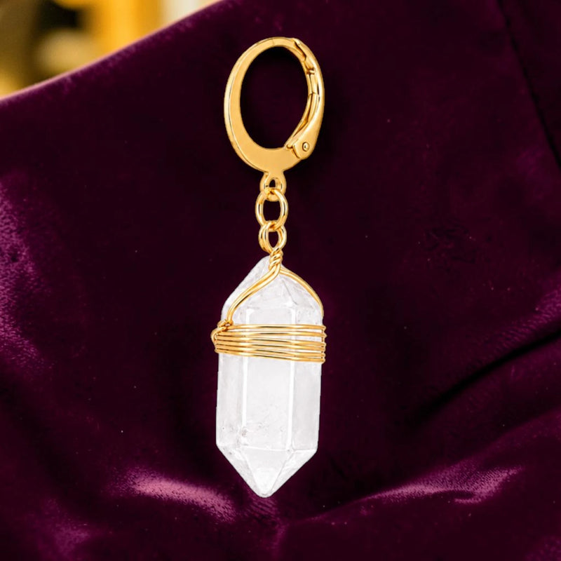 Boucle d'oreille pendante femme en pierre naturelle cristal de roche transparent du Brésil, créole dorée