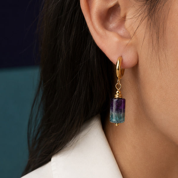 Boucles d'oreilles pendantes femme, créole dorée acier inoxydable et pierre fluorine multicolore
