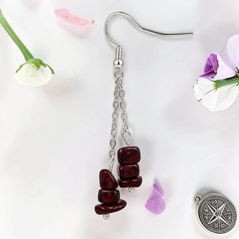 Boucle d'oreille pendante femme en pierre naturelle grenat rouge du Pakistan, chips baroques