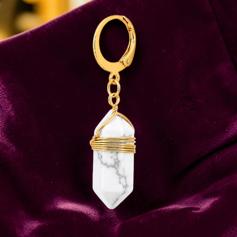 Boucle d'oreille pendante femme en pierre naturelle howlite blanche du Zimbabwe, créole dorée
