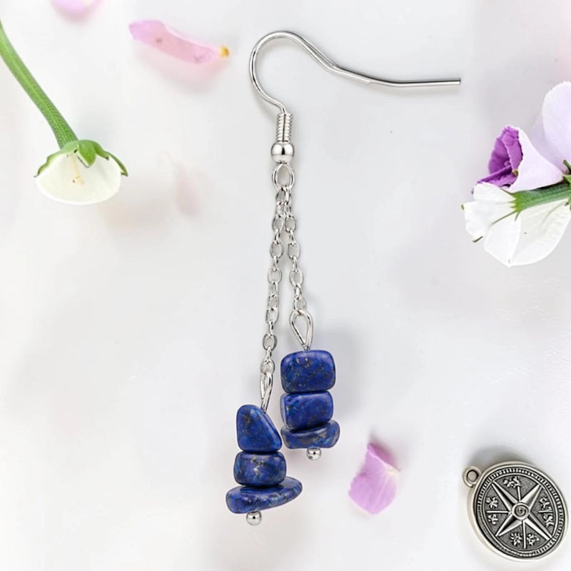 Boucle d'oreille pendante femme en pierre naturelle lapis-lazuli bleue d'Afghanistan, chips baroques