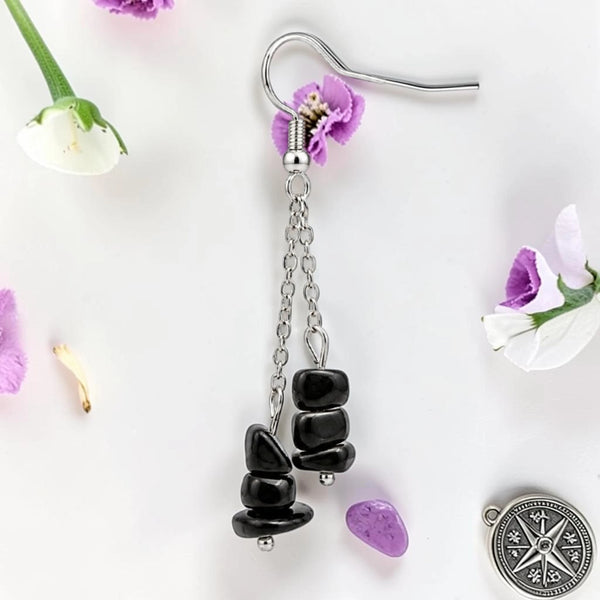 Boucle d'oreille pendante femme en pierre naturelle obsidienne noire du Mexique, chips baroques