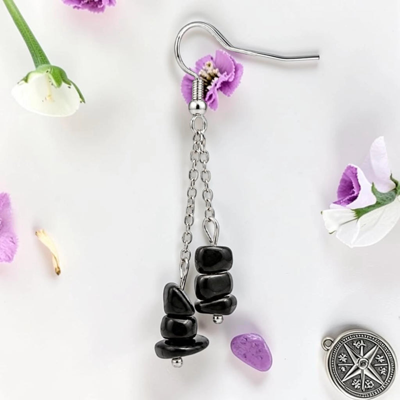 Boucle d'oreille pendante femme en pierre naturelle obsidienne noire du Mexique, chips baroques