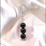 Boucles d'Oreilles Obsidienne noire SPHERA® – 3 boules 6 mm, acier argenté