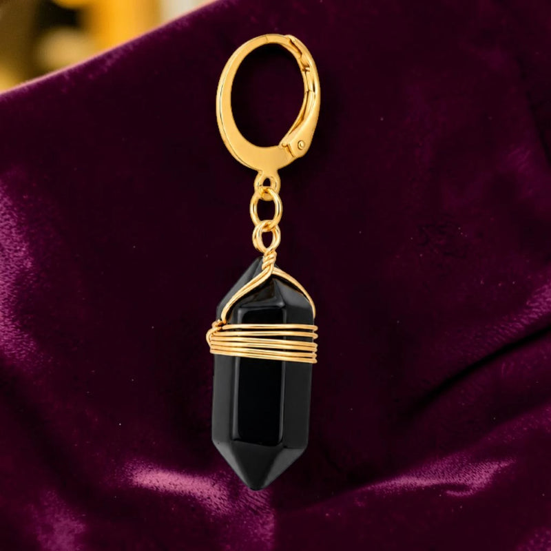 Boucle d'oreille pendante femme en pierre naturelle obsidienne noire du Mexique, créole dorée