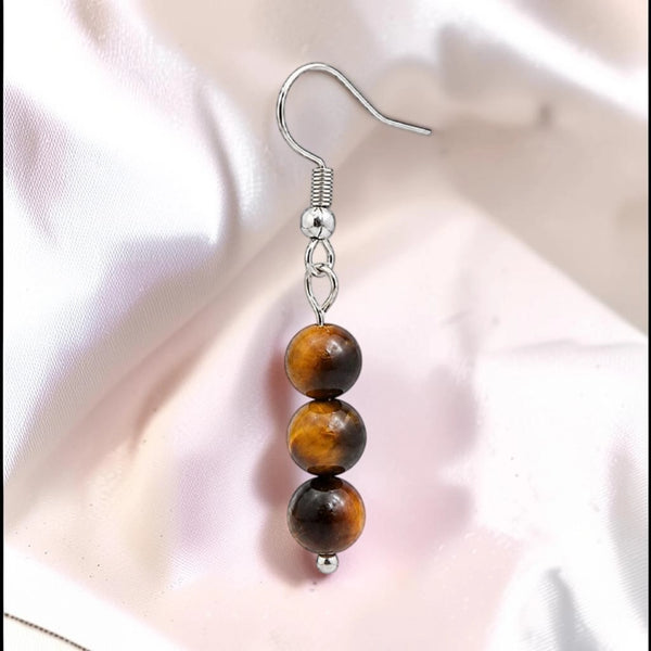Boucle d'oreille pendante femme en pierre naturelle œil de tigre aux reflets dorés d'Afrique du Sud