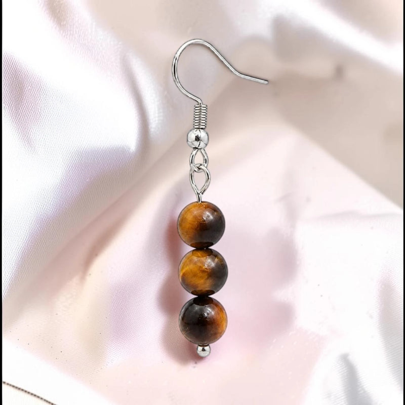Boucle d'oreille pendante femme en pierre naturelle œil de tigre aux reflets dorés d'Afrique du Sud