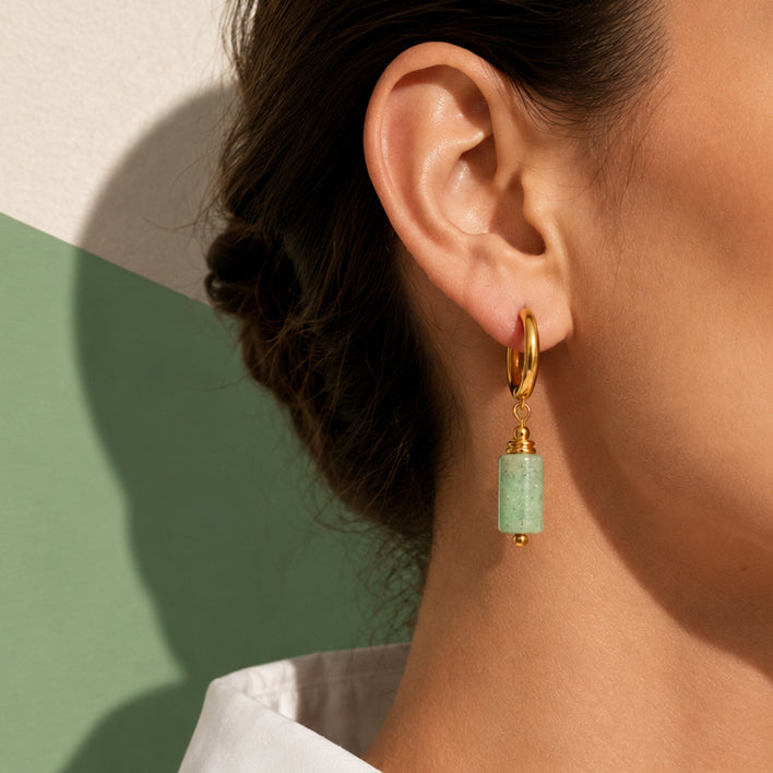 Boucles d'oreilles pendantes femme, créole dorée acier inoxydable et pierre quartz fuschite
