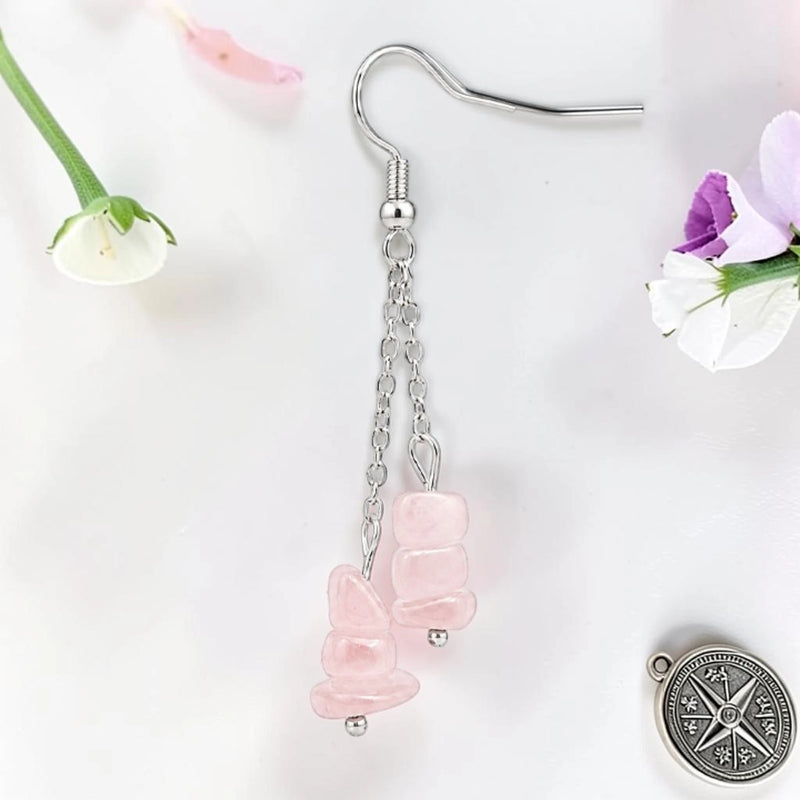 Boucle d'oreille pendante femme en pierre naturelle quartz rose du Brésil, chips baroques