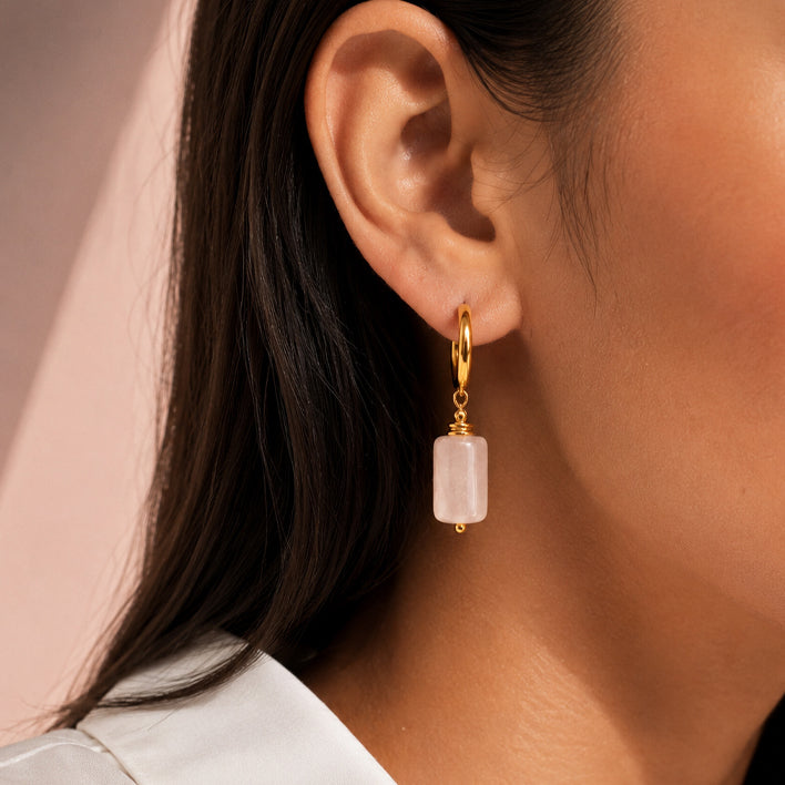 Boucles d'oreilles pendantes femme, créole dorée acier inoxydable et pierre quartz rose