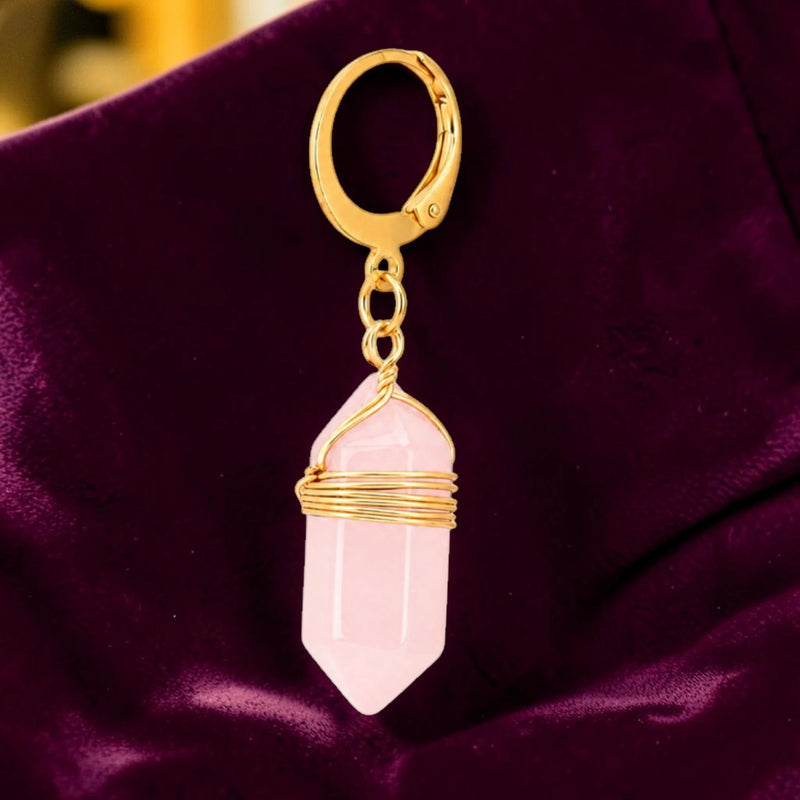 Boucle d'oreille pendante femme en pierre naturelle quartz rose du Brésil, créole dorée