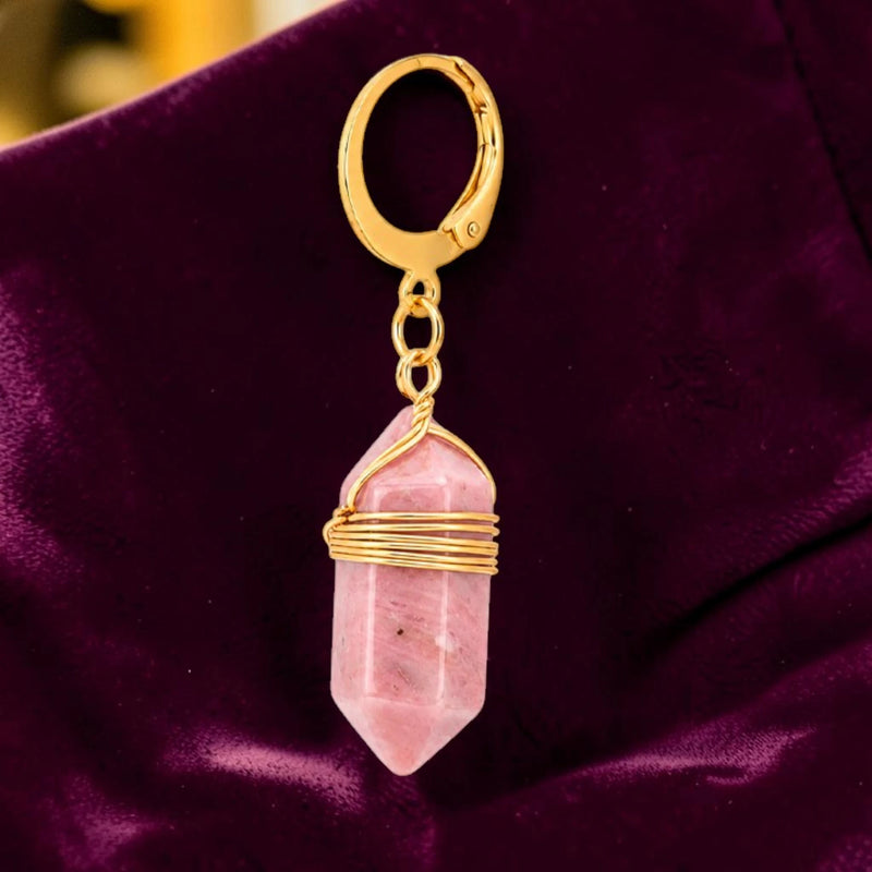 Boucle d'oreille pendante femme en pierre naturelle rhodonite veinée de noir d'Australie, créole dorée