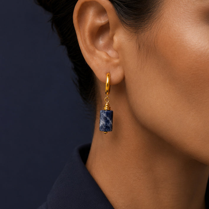 Boucles d'oreilles pendantes femme, créole dorée acier inoxydable et pierre sodalite
