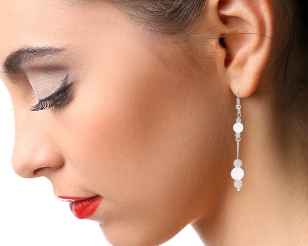 Boucles d'oreilles pierre de lune perles pendantes 6cm argent rhodié (Alnitak)