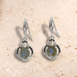 Boucles d'Oreilles Labradorite Ovale, Zircons et Argent 925 Rhodié (Algieba)